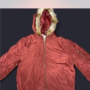 Copper fleece lined Hooded Bomber  Jacket with Faux Fur Trim hood